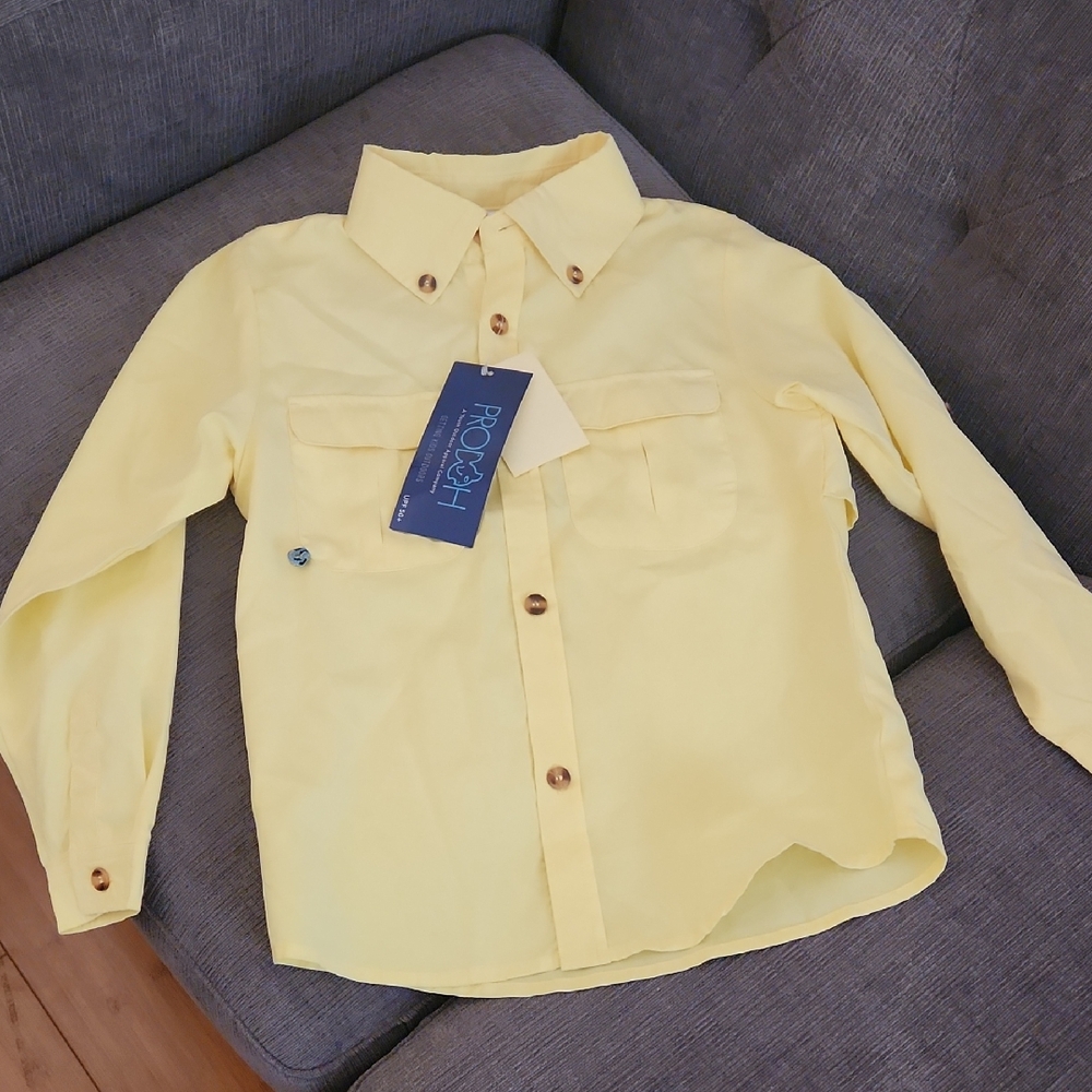 Prodoh Boys Sunny Yellow Fishing Button-Down Shirt Size 8 Upf50